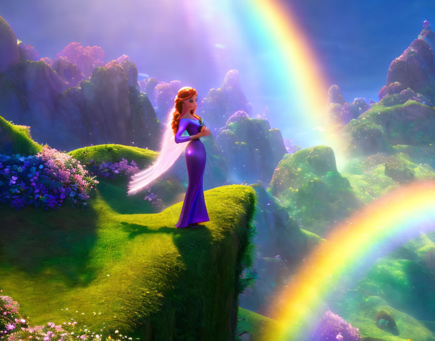 Red-haired princess in purple dress admires rainbow in magical landscape