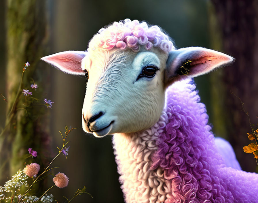 Illustration of Sheep with Pink Curly Fleece in Forest Scene