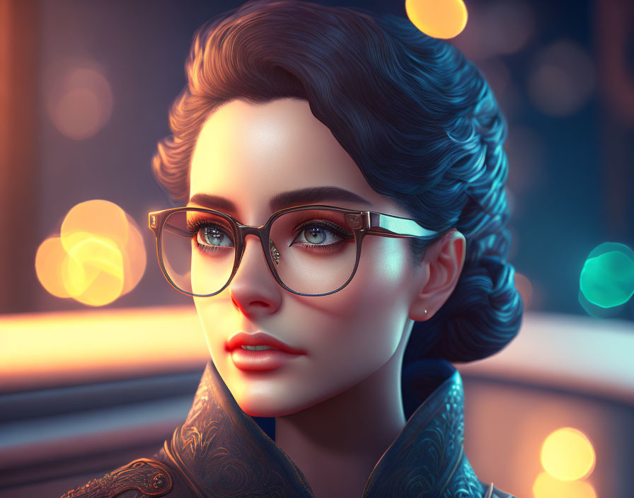 Detailed digital portrait of a woman with glasses and vibrant bokeh lights.