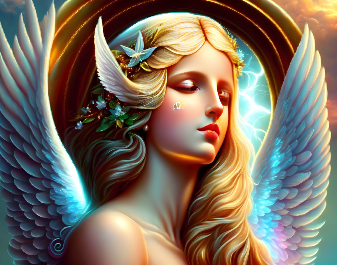 Golden-haired angel with blue wings and halo, adorned with flowers.