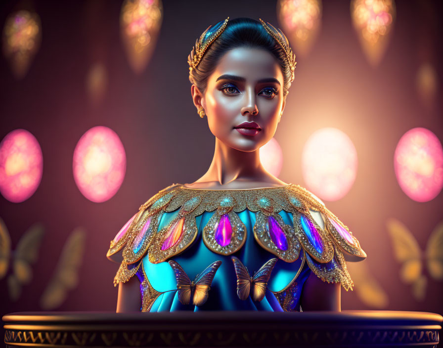 Digital art portrait of woman in ornate attire with glowing pink orbs in dark ambiance