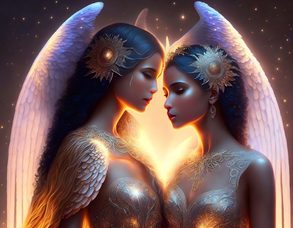 Ethereal beings with angelic wings in ornate headdresses against starry background