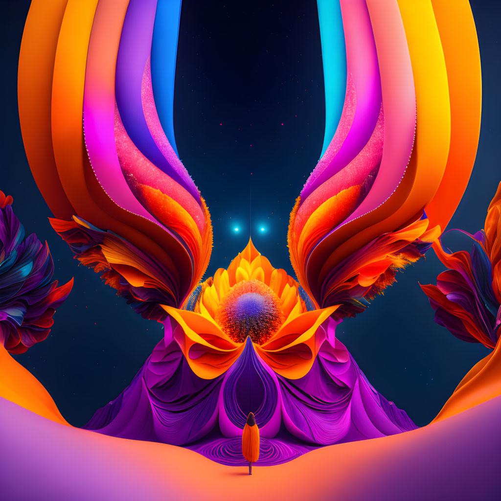 Symmetrical botanical structure with meditating figure in digital art