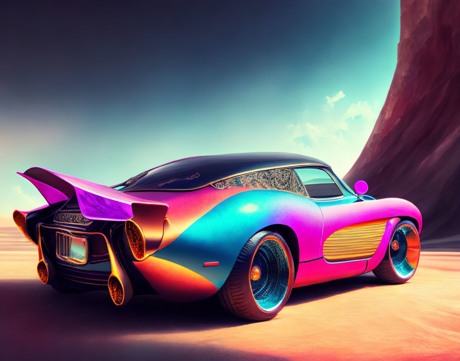 Multicolored retro-futuristic car on desert road with pink sky