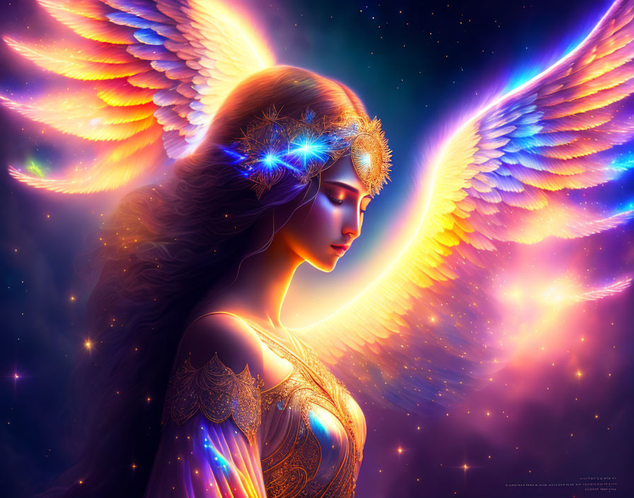 Digital artwork of woman with wings and ethereal glow in cosmic setting