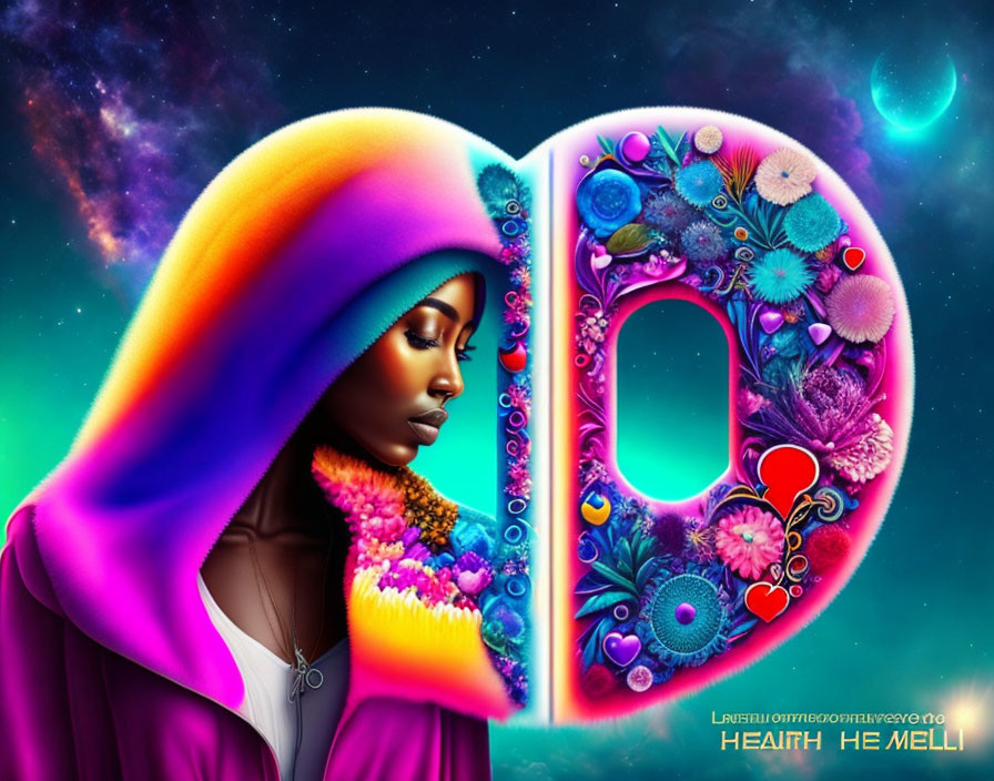 Vibrant digital artwork: woman profile, nature elements, cosmic background, number 10