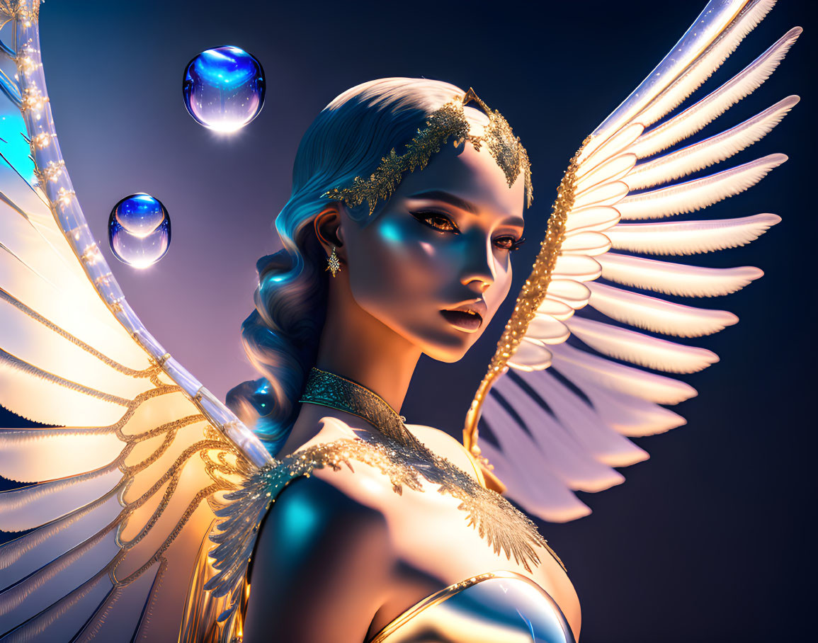 Digital art portrait: Woman with golden wings and attire, luminous orbs, dark blue background