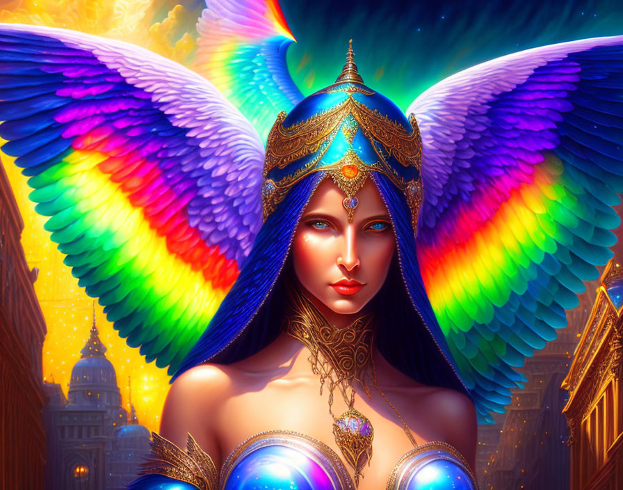 Colorful Woman with Rainbow Wings in Fantasy Cityscape at Dusk