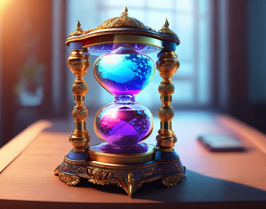 Blue sand ornate hourglass on desk with warm sunlight and blurred smartphone background