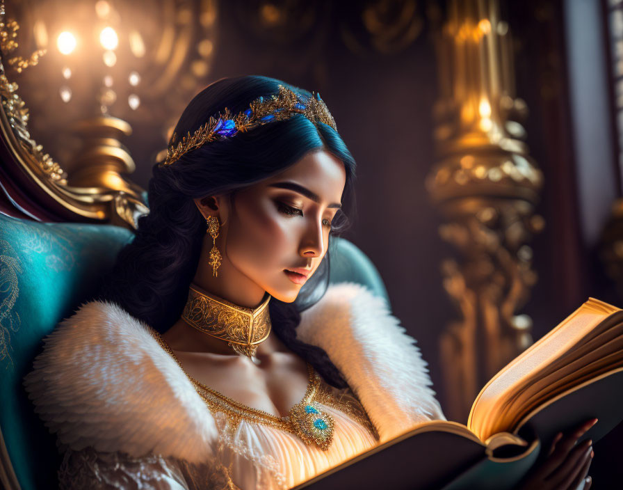 Dark-haired woman in blue tiara and gold necklace reading in luxurious room