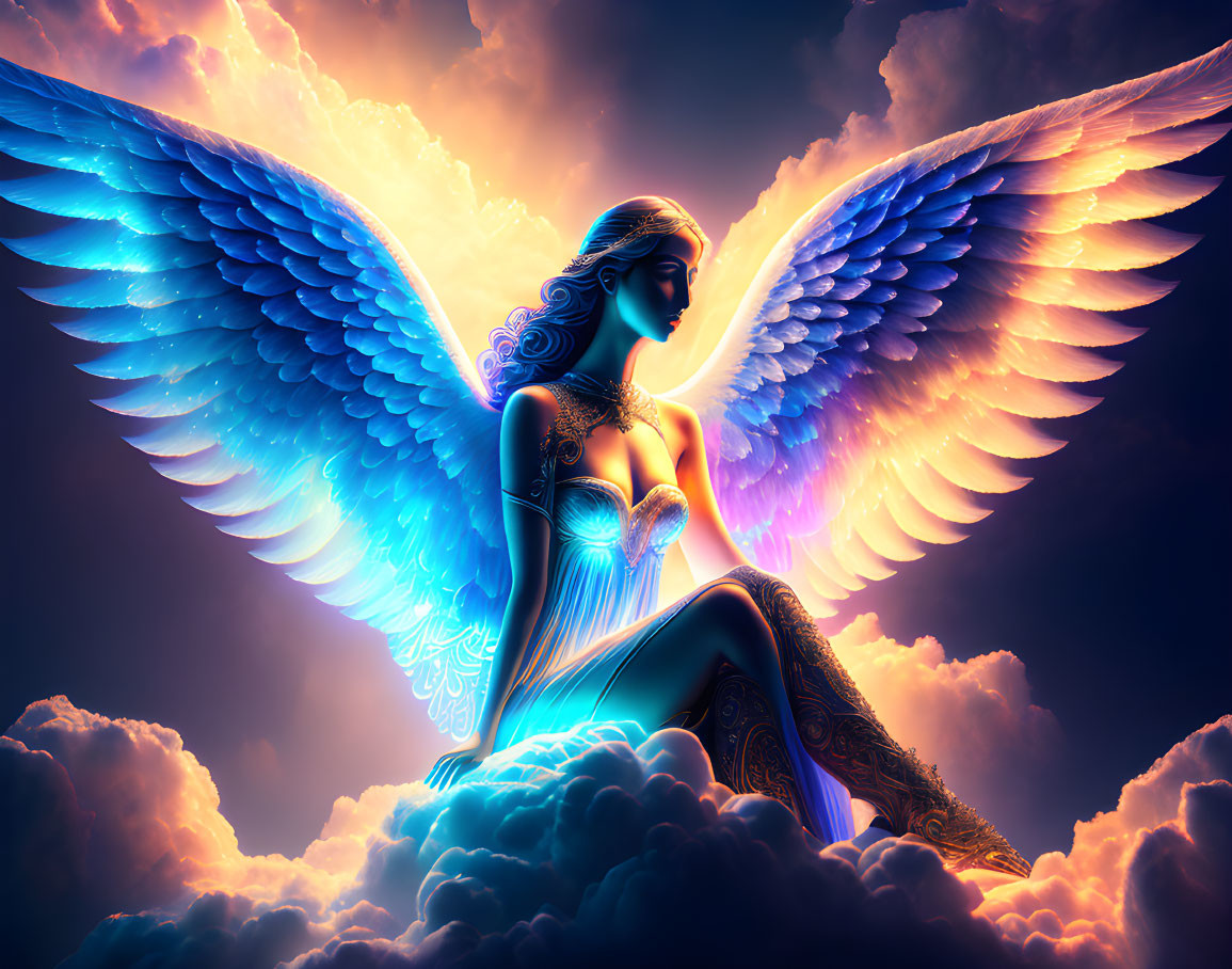 Angelic figure with large wings on clouds in celestial glow