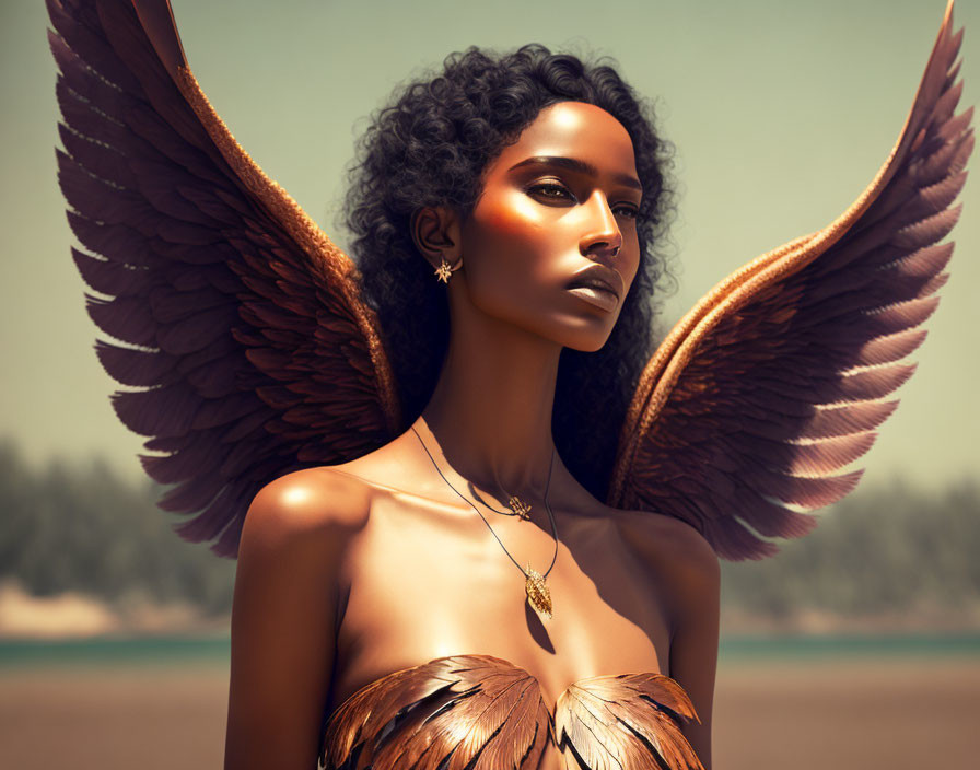 Digital artwork: Woman with brown feathered wings, curly hair, gold necklace, on beach.