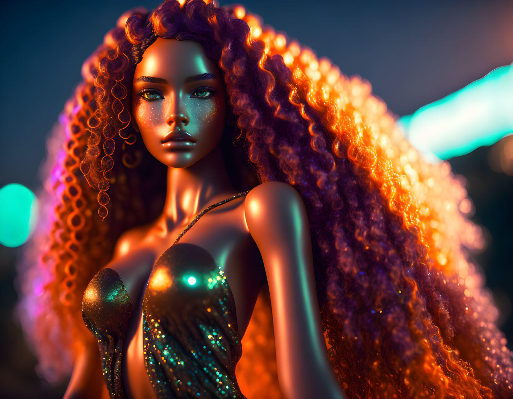 Vibrant digital art: Woman with curly red hair in neon setting