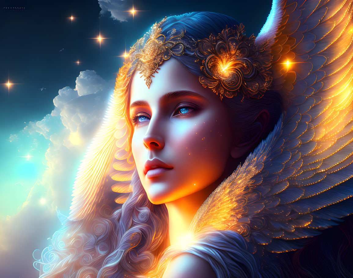 Ethereal female figure with luminous wings and golden headpiece in celestial setting