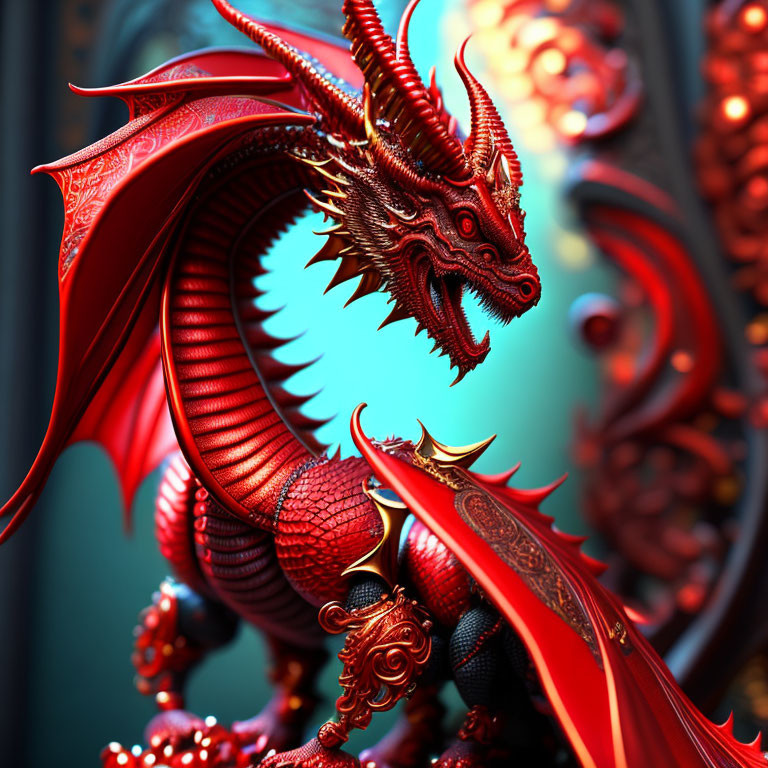 Detailed 3D Red Dragon Illustration with Horns and Wings on Ornate Blue Background