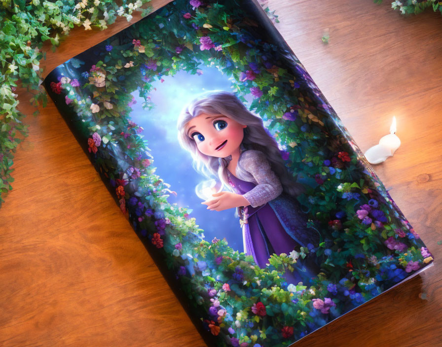 3D animated girl in purple dress on open storybook with candle