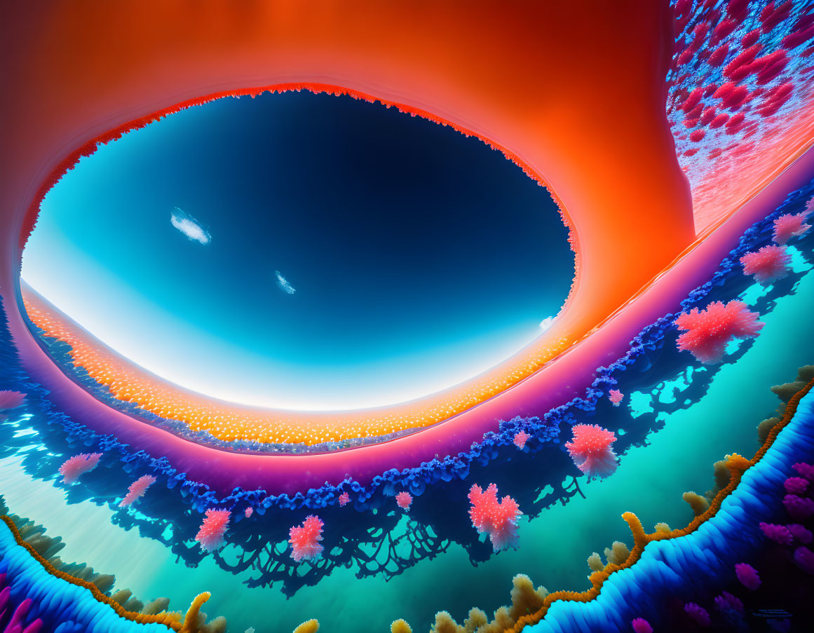 Vibrant Orange and Blue Surreal Landscape with Fractal Structures