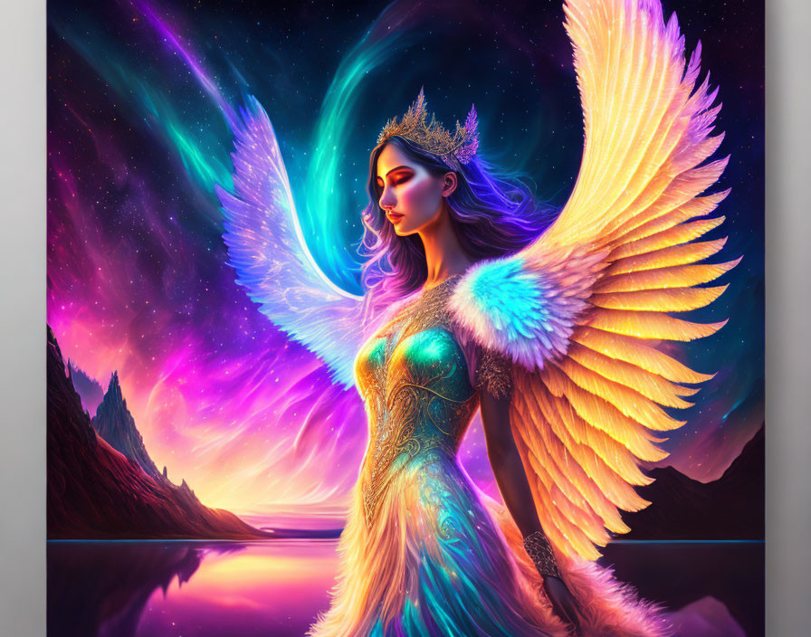 Majestic angelic figure with radiant wings in cosmic landscape