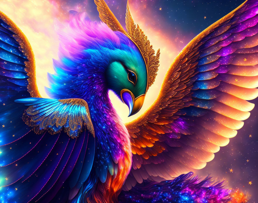 Colorful Phoenix Bird Against Cosmic Sky in Blue, Purple, and Gold