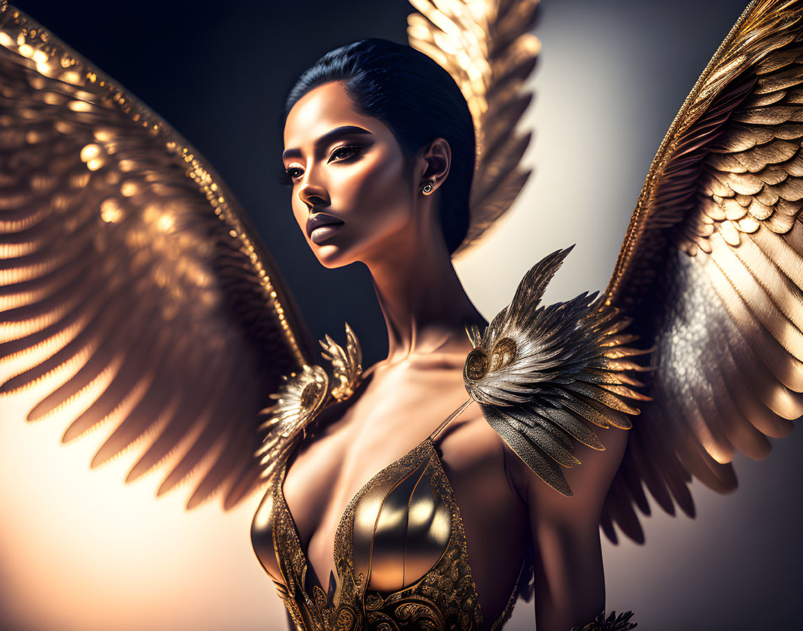 Ethereal woman with metallic golden wings in powerful pose