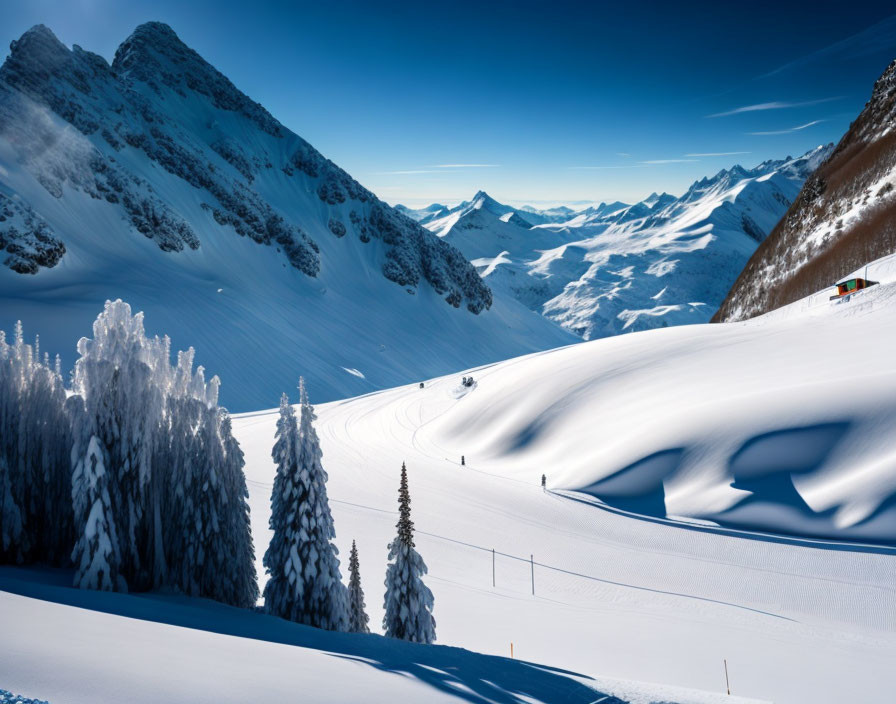 Snowy Mountain Landscape with Frosted Trees and Ski Track