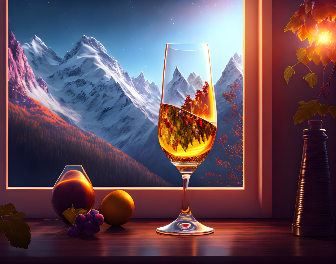 Mountain Reflection in Wine Glass with Fruit and Snowy Sunset View