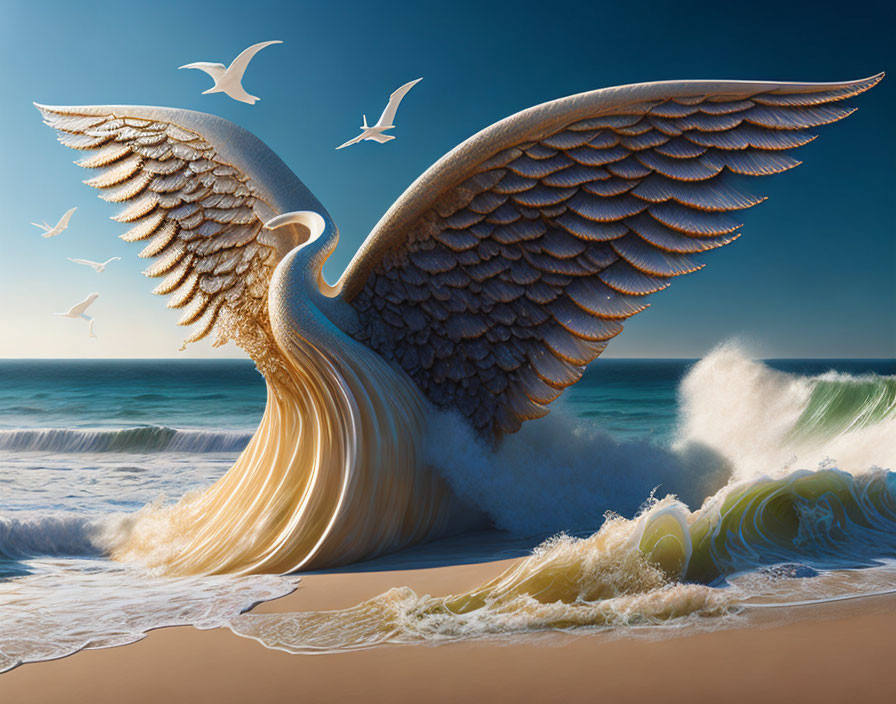 Giant winged figure emerging from the sea with eagle-like wings against a clear sky