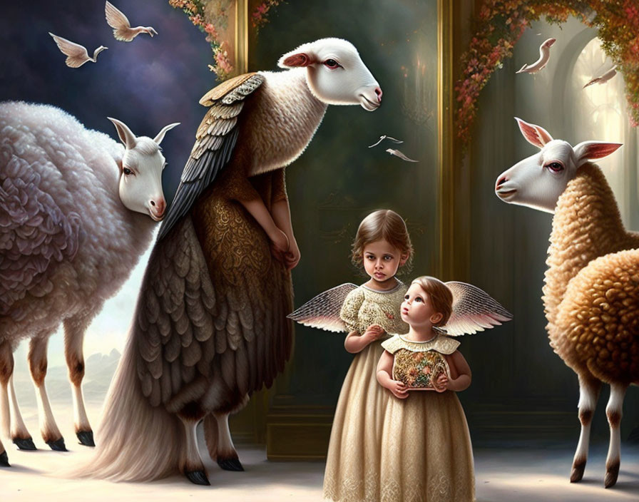 Fantastical scene: Two angelic girls, winged sheep, birds, and ornate architecture