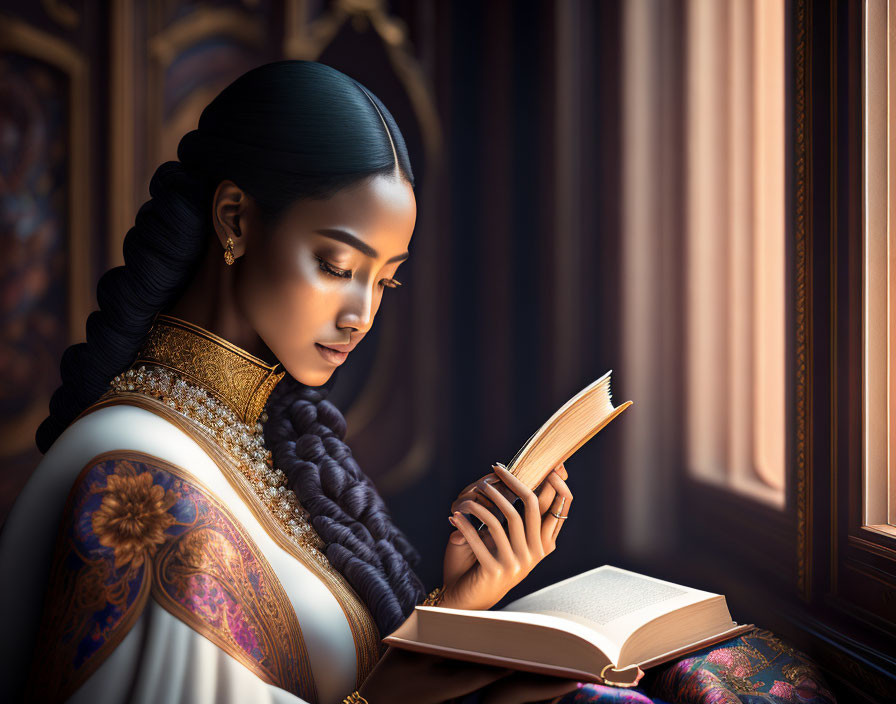 Traditional Attire: Elegant Woman Reading Book by Window