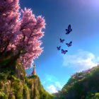 Pink Blossoms and Butterflies in Sunlit Garden