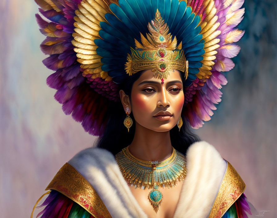 Detailed illustration of woman in ornate headdress and jewelry