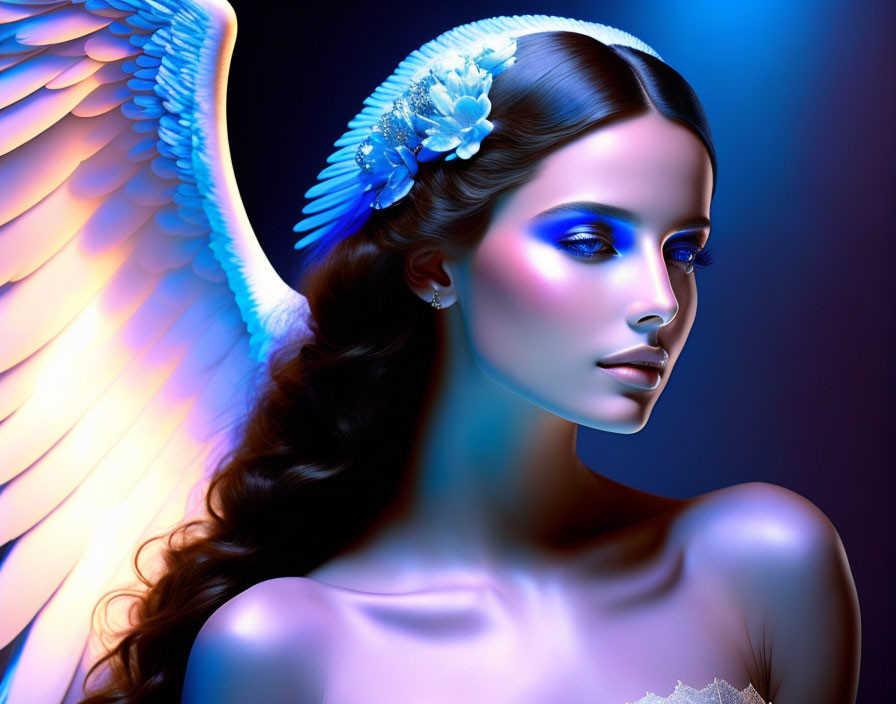 Digital artwork: Woman with angel wings, glowing blue skin, white floral headpiece, on blue backdrop