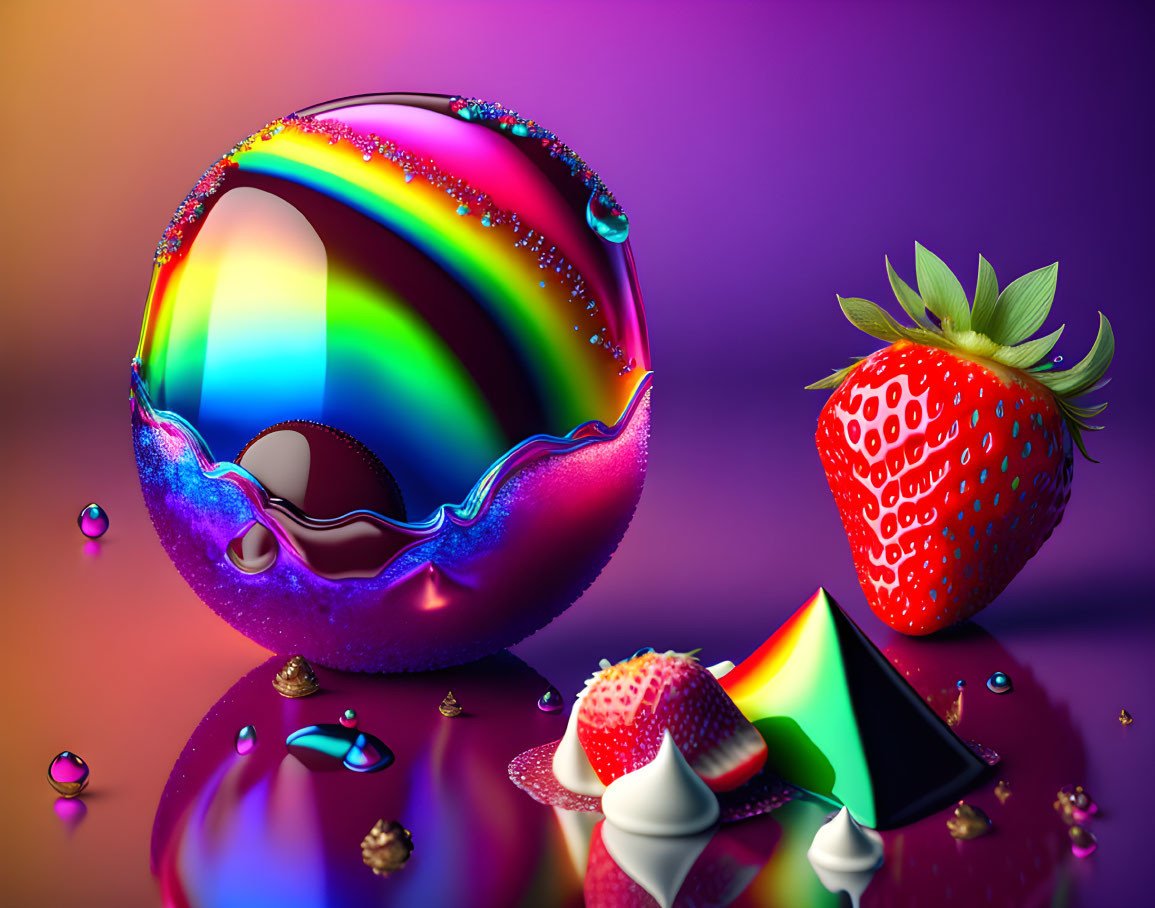 Colorful digital art: reflective bubble, strawberry, whimsical miniatures