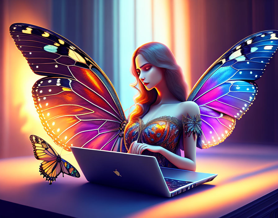 Illustration of woman with butterfly wings using laptop in warm light