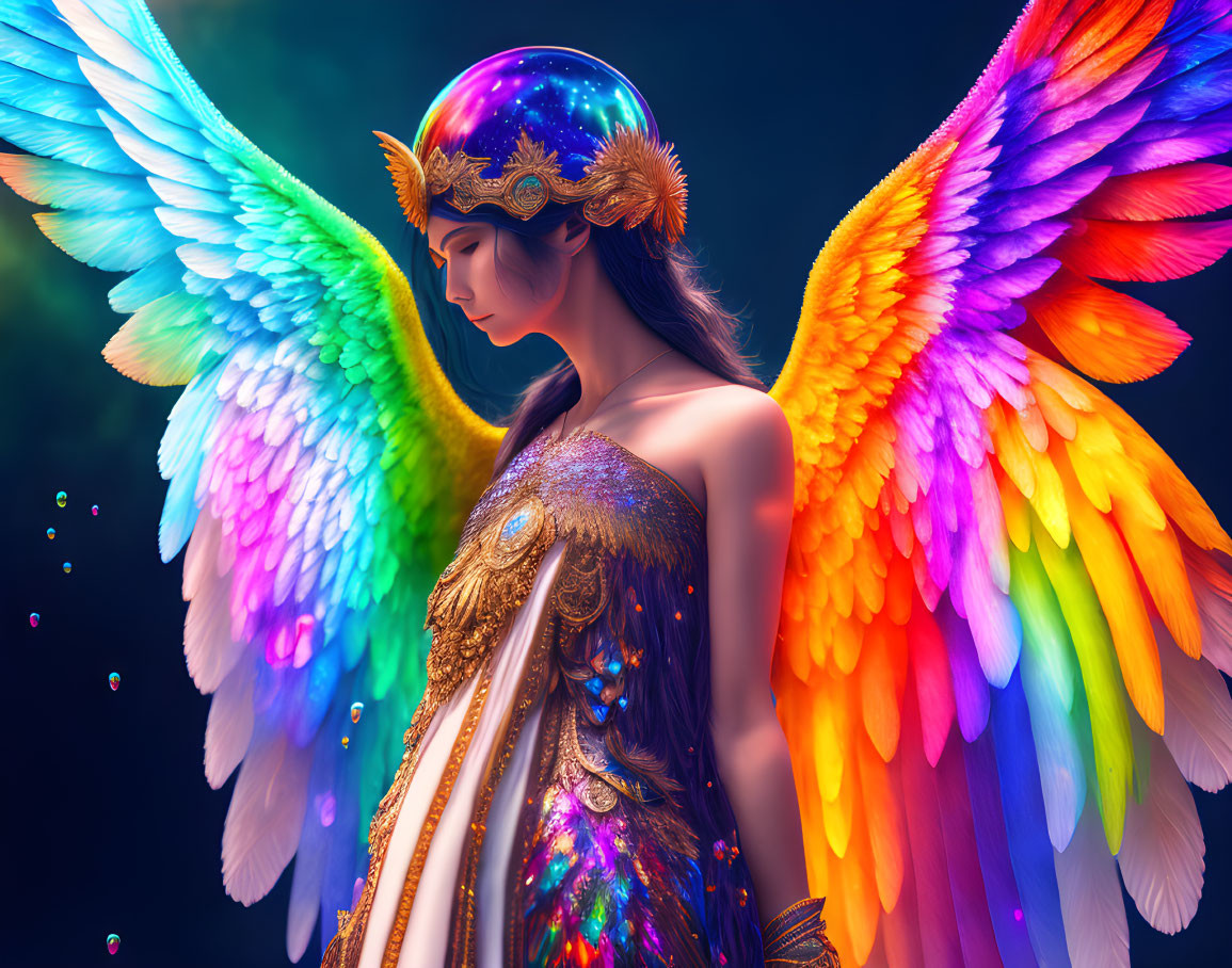 Colorful digital artwork: Woman with majestic wings and celestial helmet in magical setting