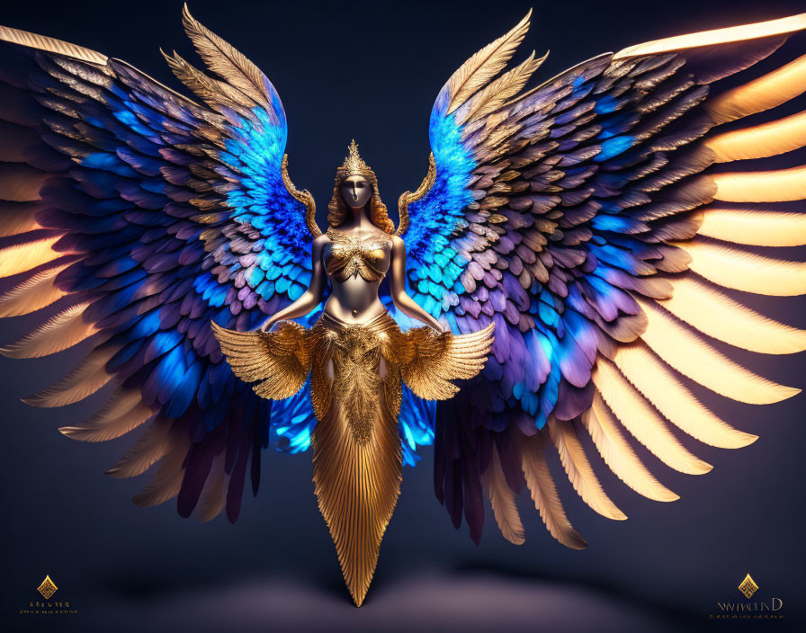 Winged figure with serene expression in vibrant blue and gold plumage