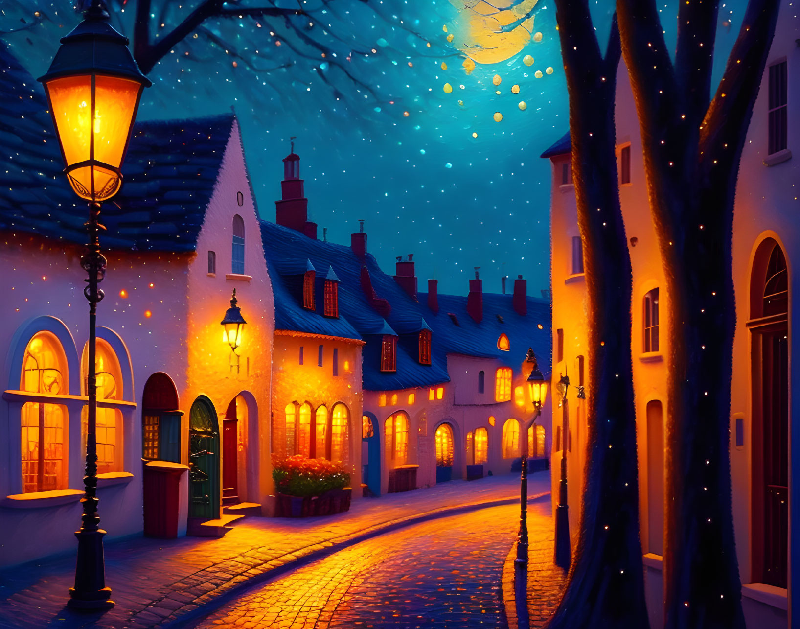 Snowy cobblestone street at night with warm streetlights and cozy houses