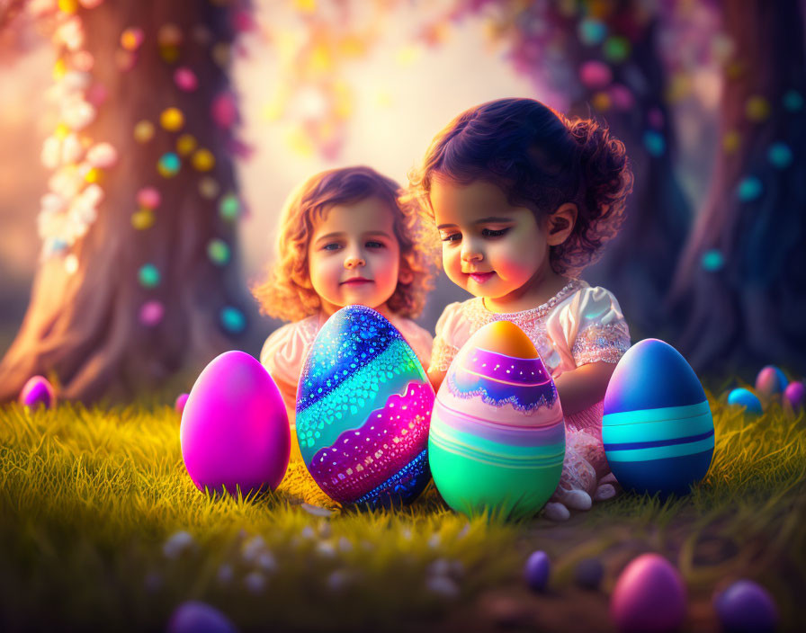 Children playing with colorful Easter eggs in festive outdoor setting