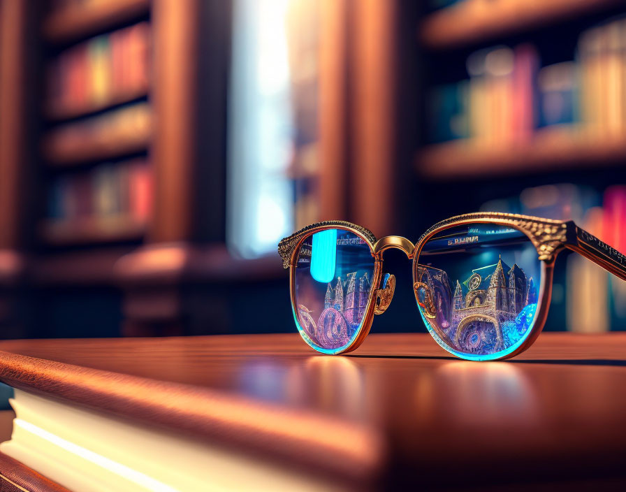 Vintage-Style Glasses with Reflective Blue Lenses on Open Book