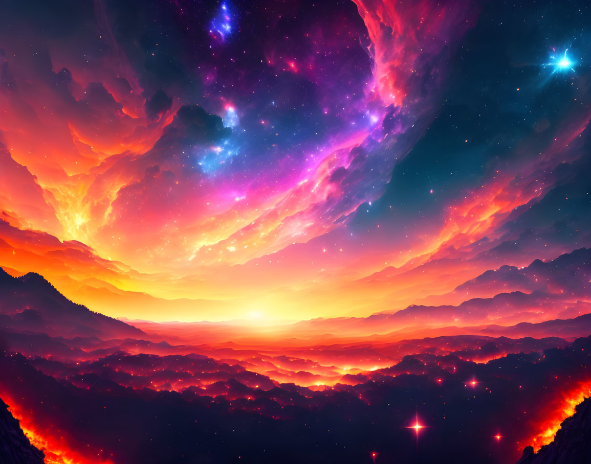 Colorful cosmic scene with nebula, stars, celestial body, and mountains in silhouette