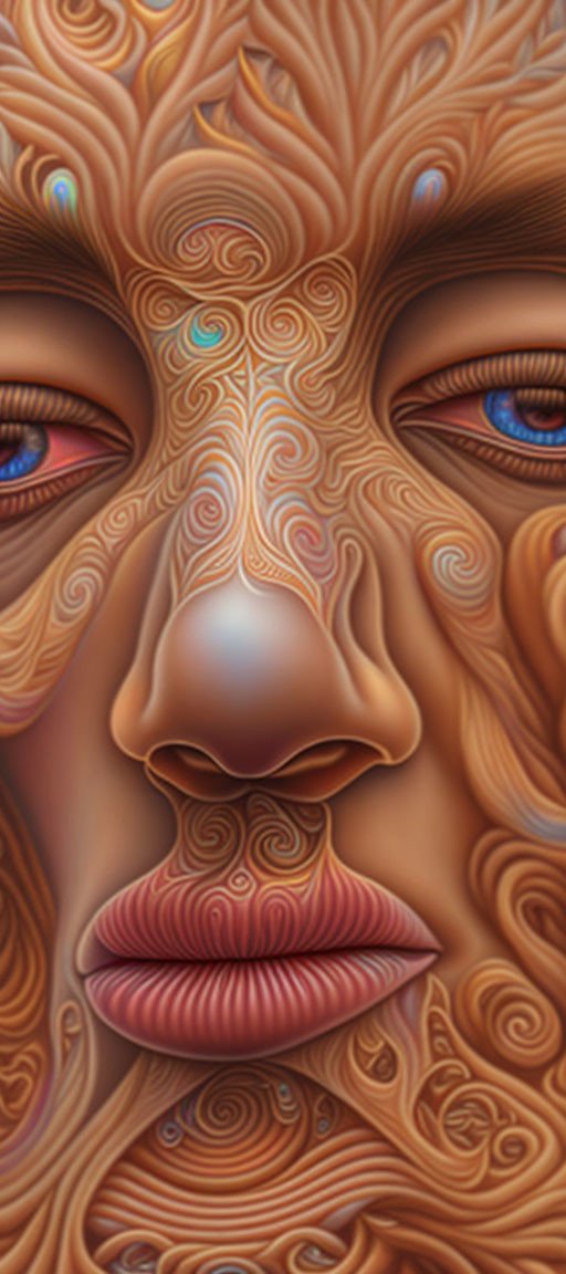 Intricate surreal face art with vibrant eyes and warm tones