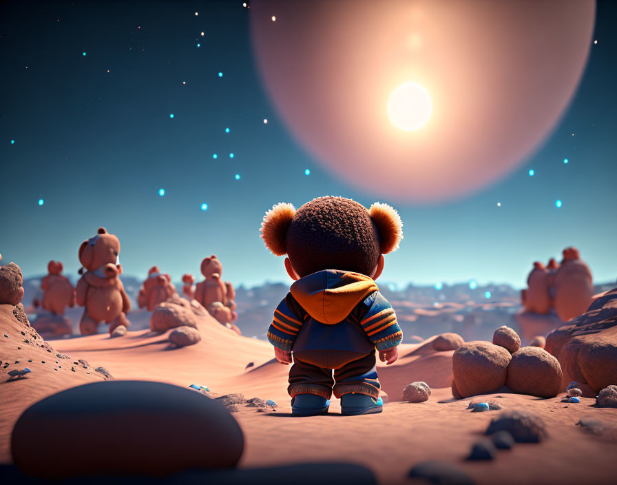 Teddy bear in striped shirt gazes at large planet with other teddy bears