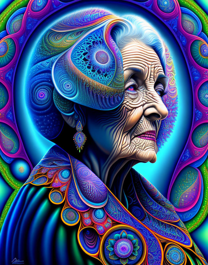 Colorful digital artwork: Elderly woman with intricate, psychedelic patterns and mystical aura