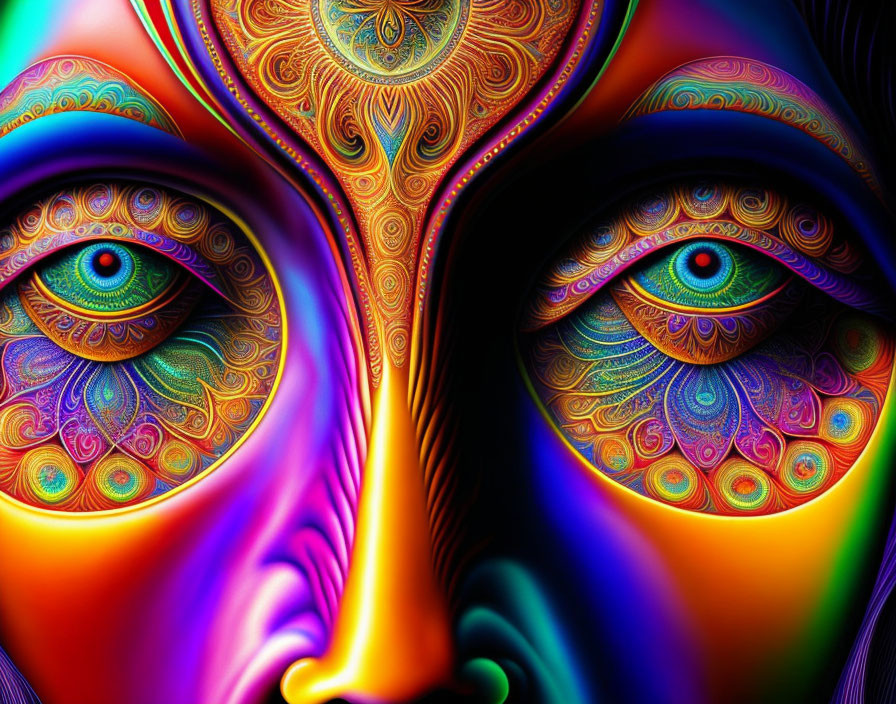 Colorful fractal patterns on close-up face with blue eyes