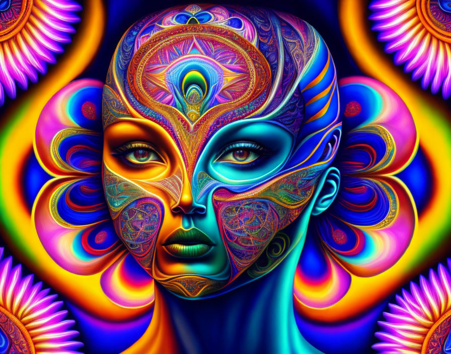 Colorful Psychedelic Human Face Artwork with Fractal Petals