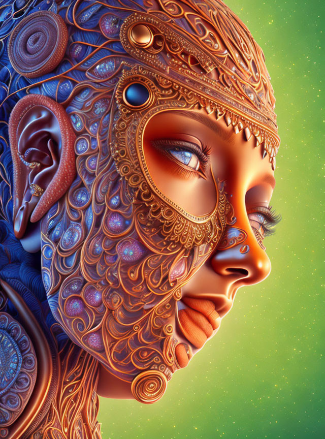 Detailed illustration of female figure with metallic face patterns against starry backdrop