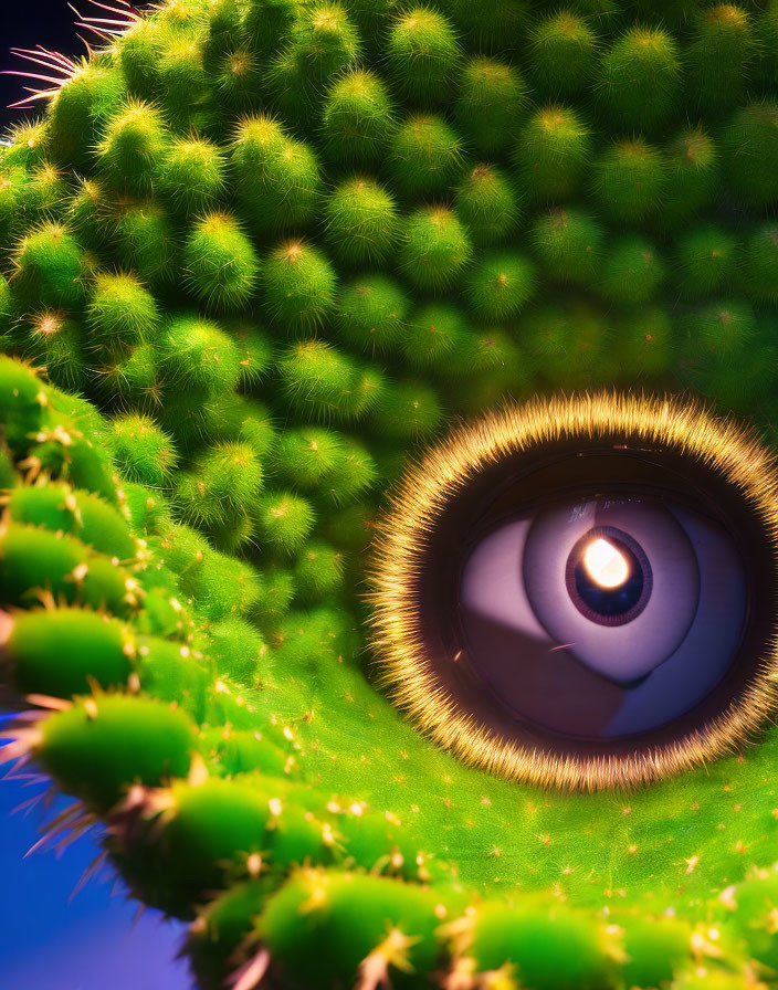 Surreal cactus with hyper-realistic eye among spines