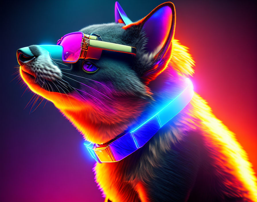 Colorful Digital Artwork: Dog with Neon Glasses and Collar on Gradient Background