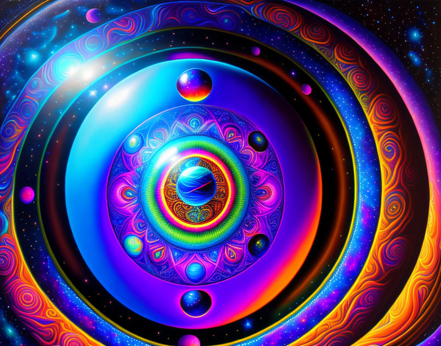 Colorful Concentric Circles and Swirling Orbs in Cosmic Artwork