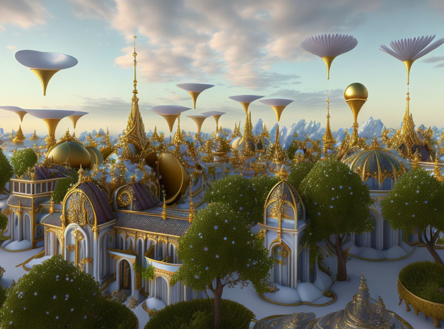 Fantastical landscape with golden buildings and blue domes in lush greenery